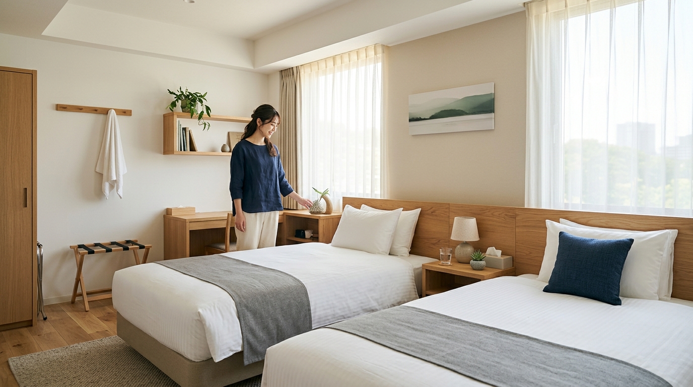 清潔感あふれるシンプルな客室の様子