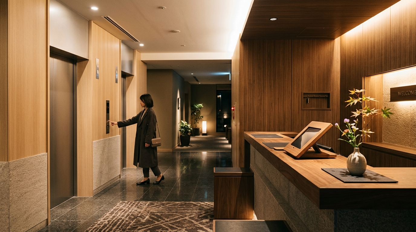 無人フロントとエレベーター周りの写真