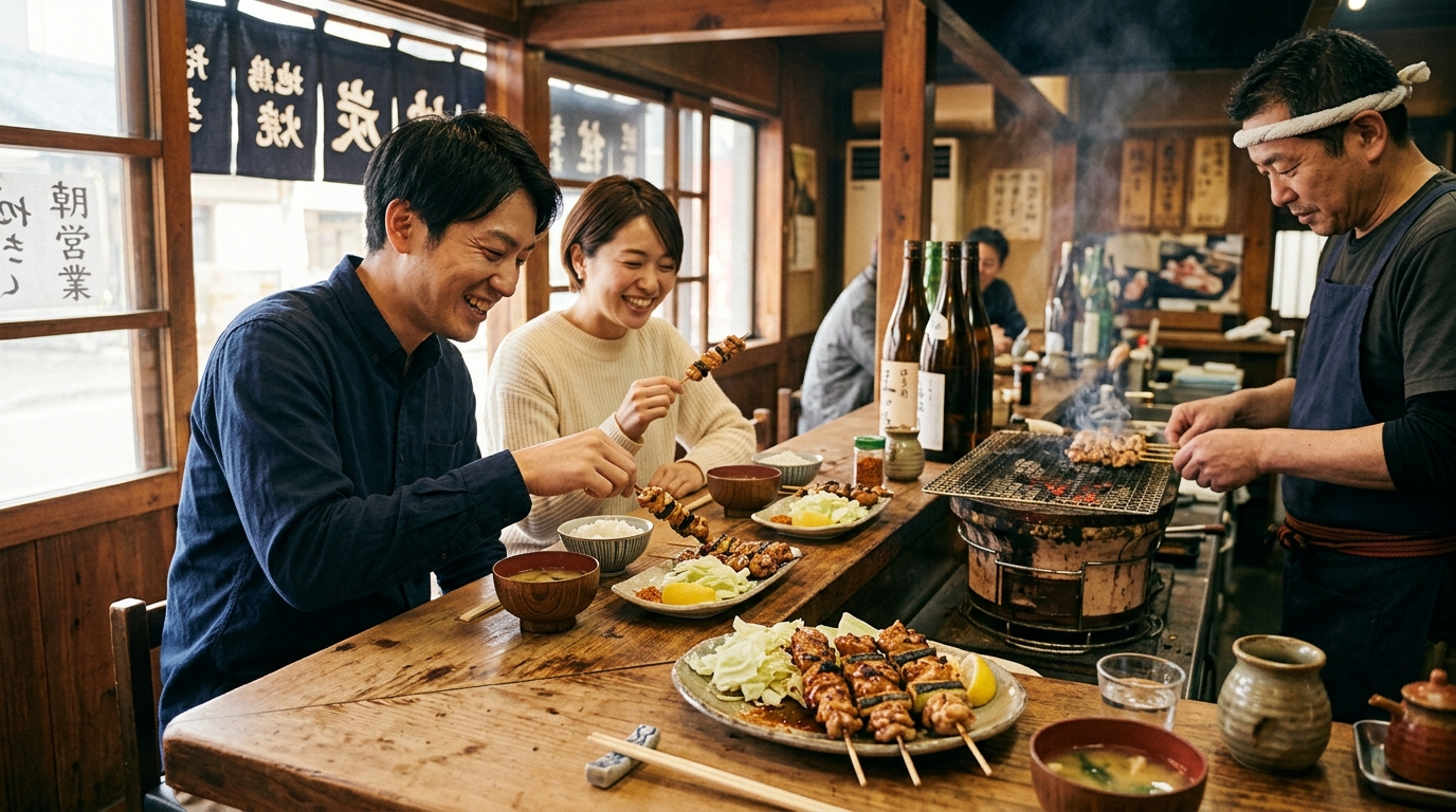 地鶏の炭火焼きを朝から楽しめる贅沢