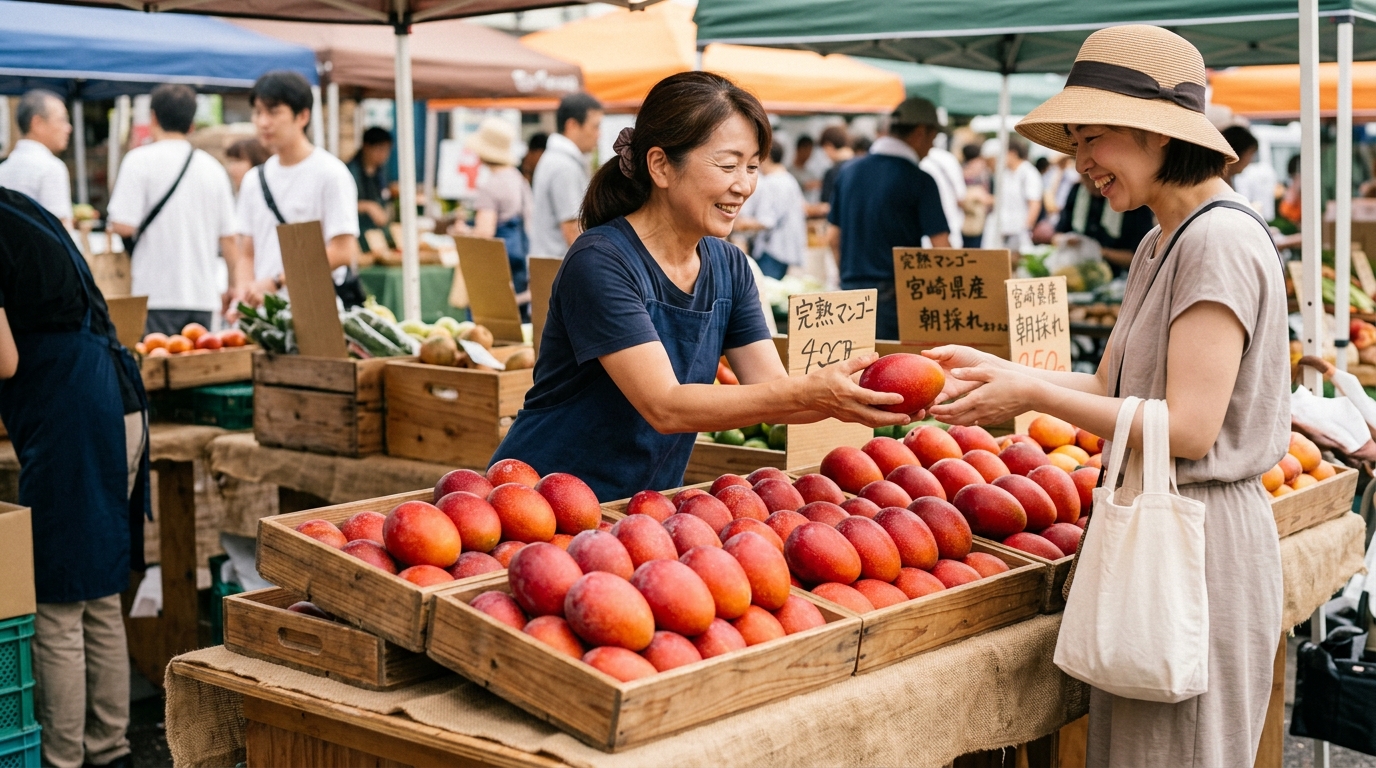 完熟マンゴーが市場に並ぶピーク時期