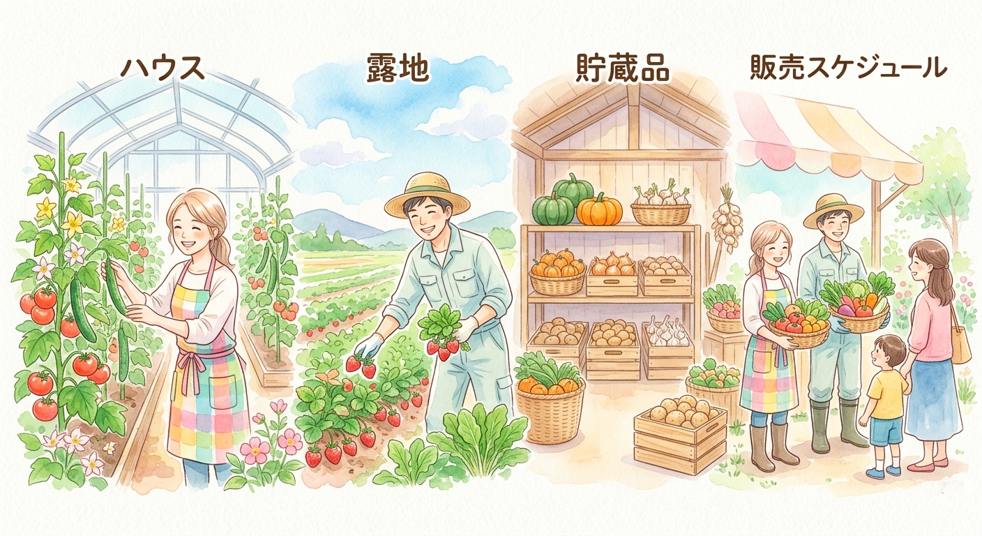 ハウス、露地、貯蔵品の販売スケジュール