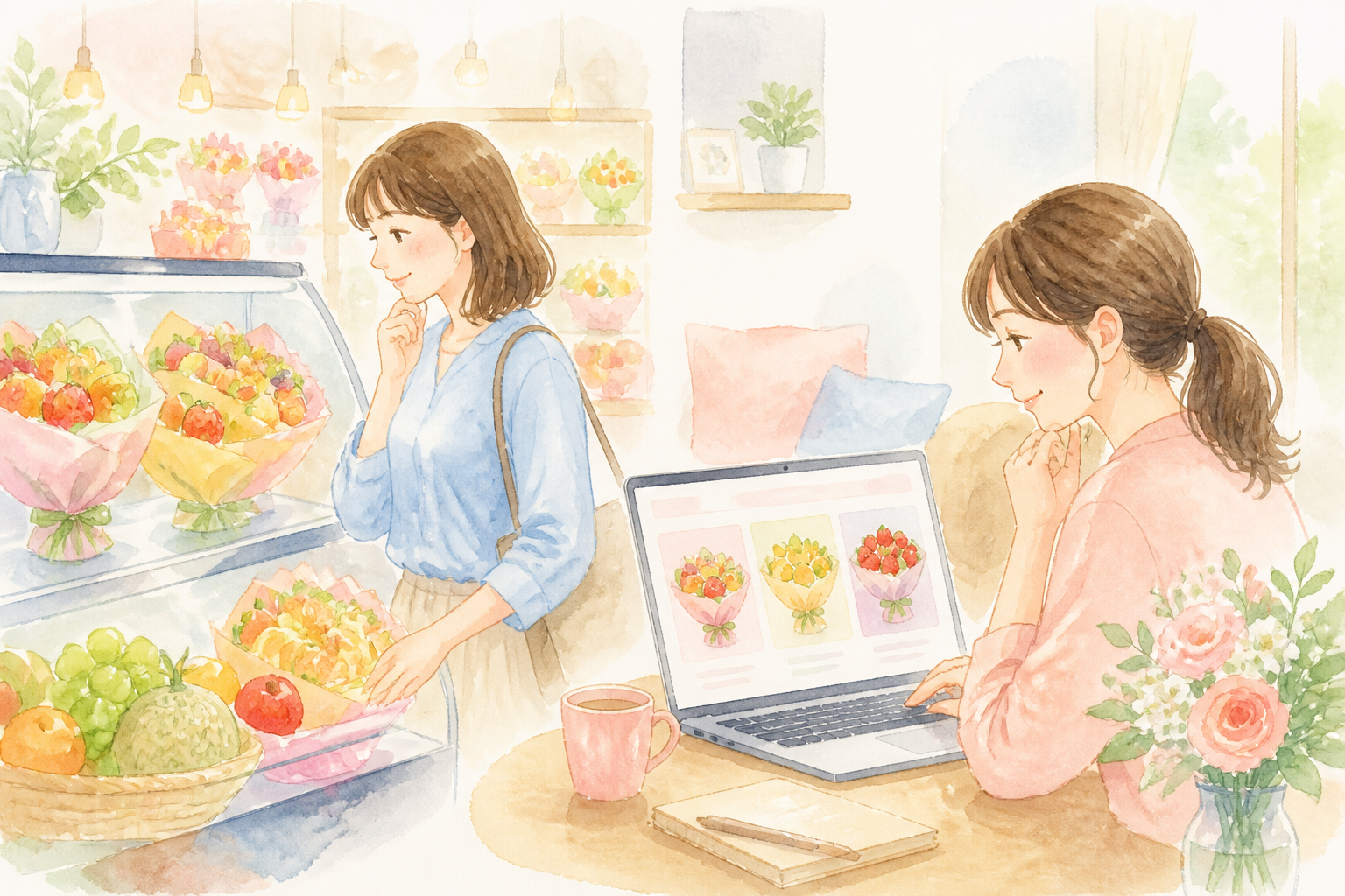 フルーツブーケ専門店、店頭、ショーケース、店内