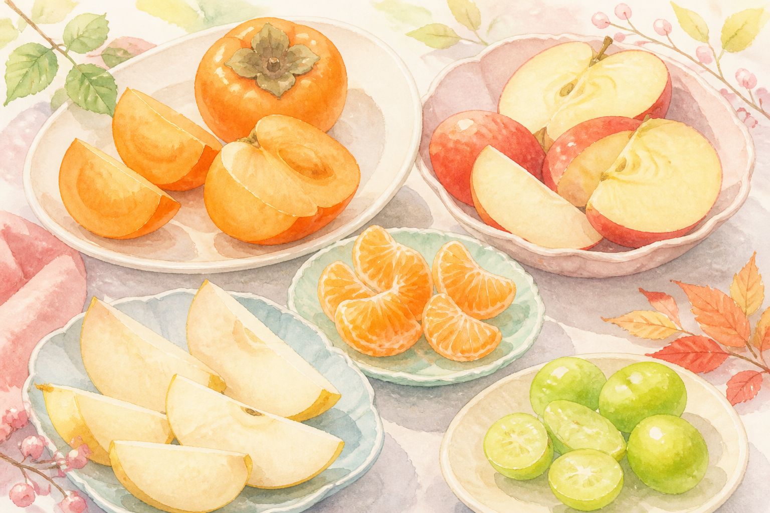 柿 りんご みかん フルーツの盛り合わせとナイフ
