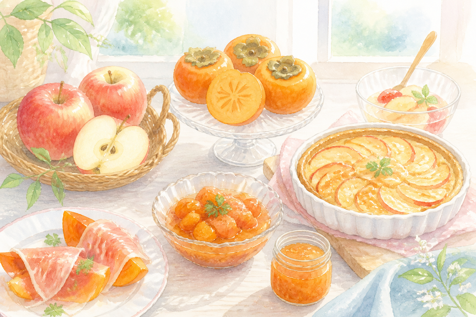 柿、りんご、サラダ、ご飯、コンポート、ジャムの料理写真