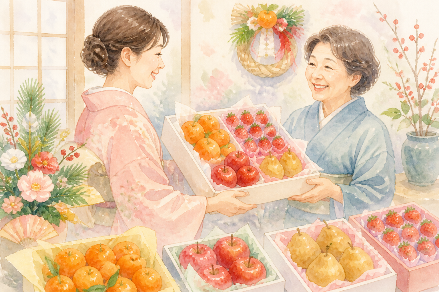 年末年始の贈答用フルーツ、みかんといちごとりんご