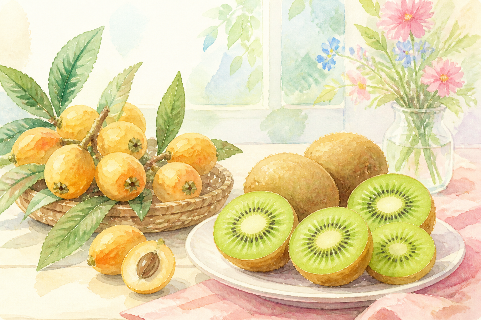 びわ、キウイフルーツ、いちご、柑橘類が並ぶ食卓