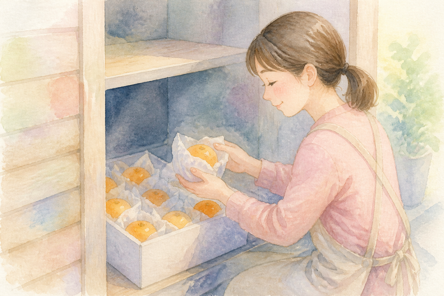 紅まどんな、新聞紙、キッチンペーパー、冷蔵庫の野菜室、冷暗所