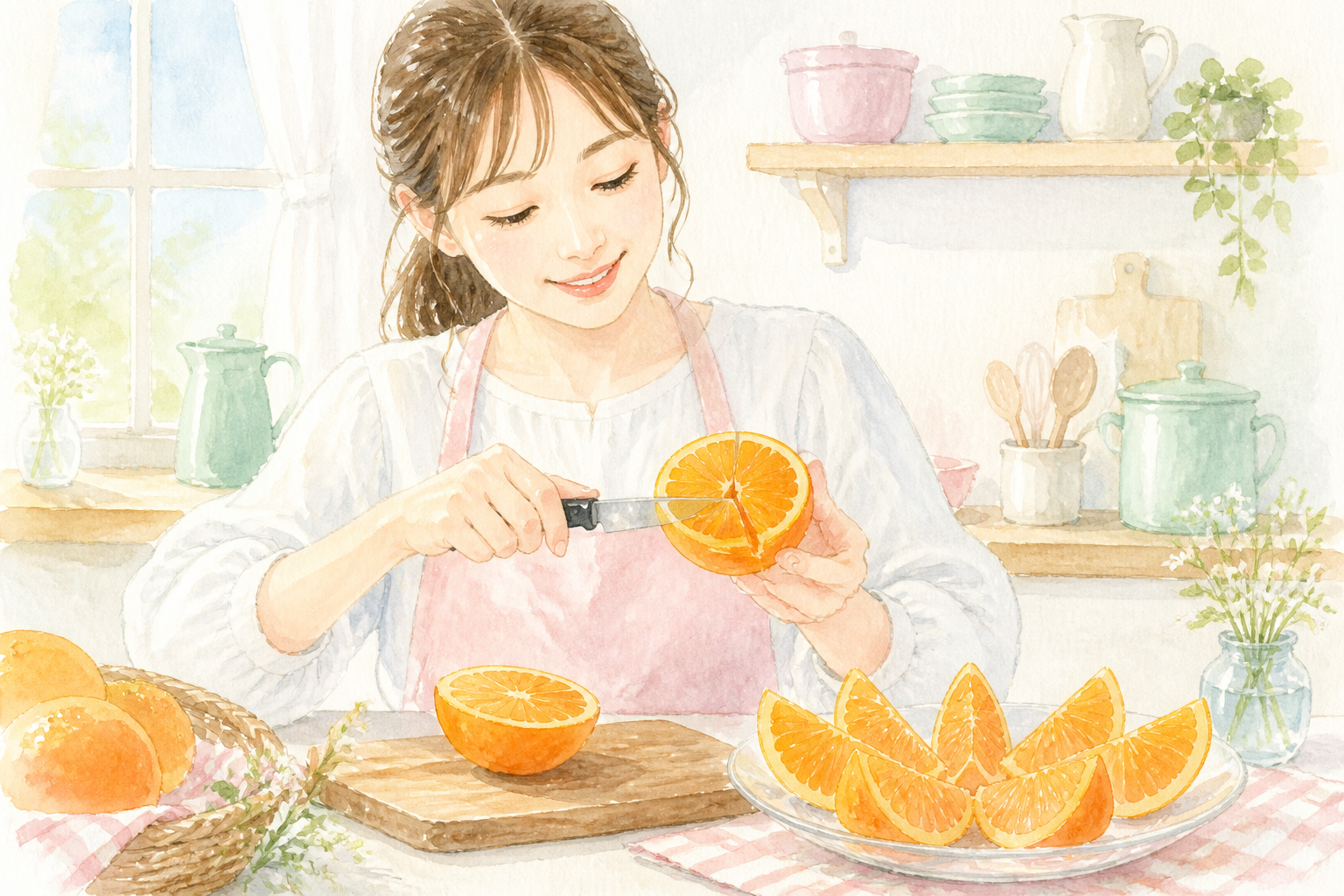紅まどんなのスマイルカット、皿とナイフ