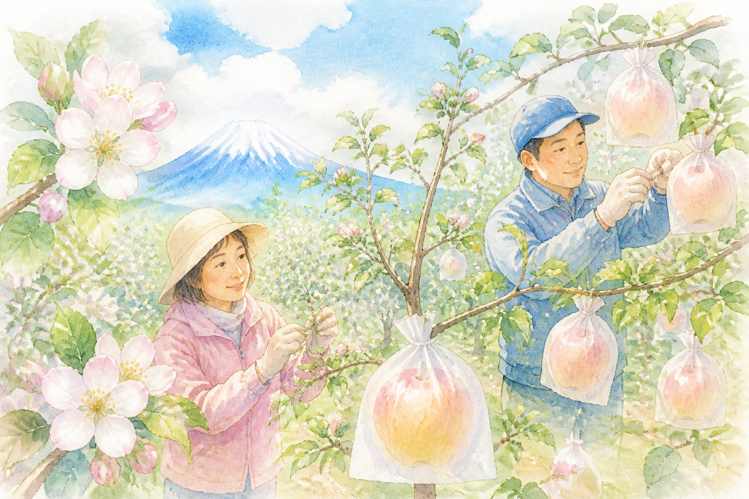 りんご畑、りんごの木、りんごの花、袋かけりんご