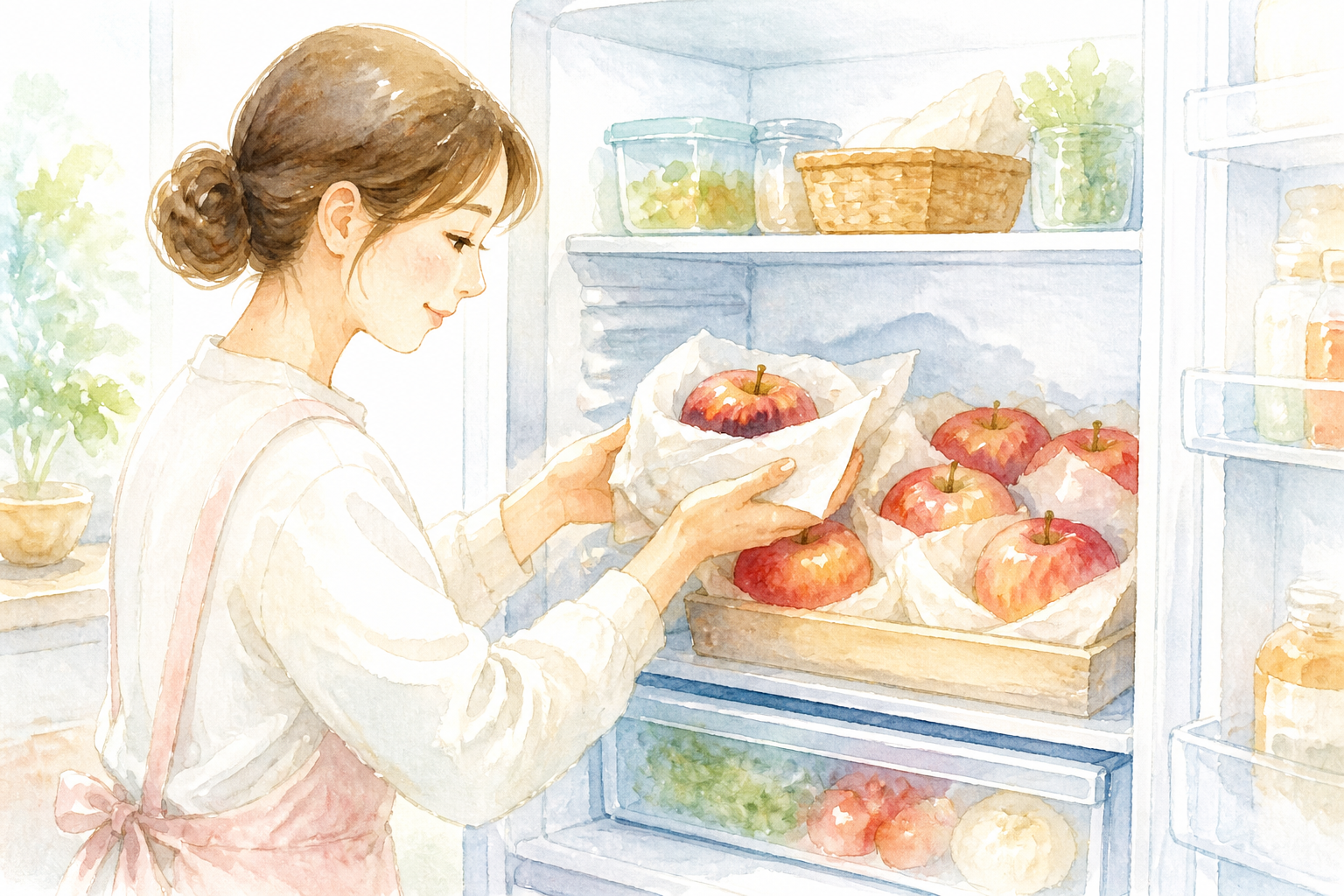 冷蔵庫の野菜室に入った新聞紙とポリ袋に包まれたりんご
