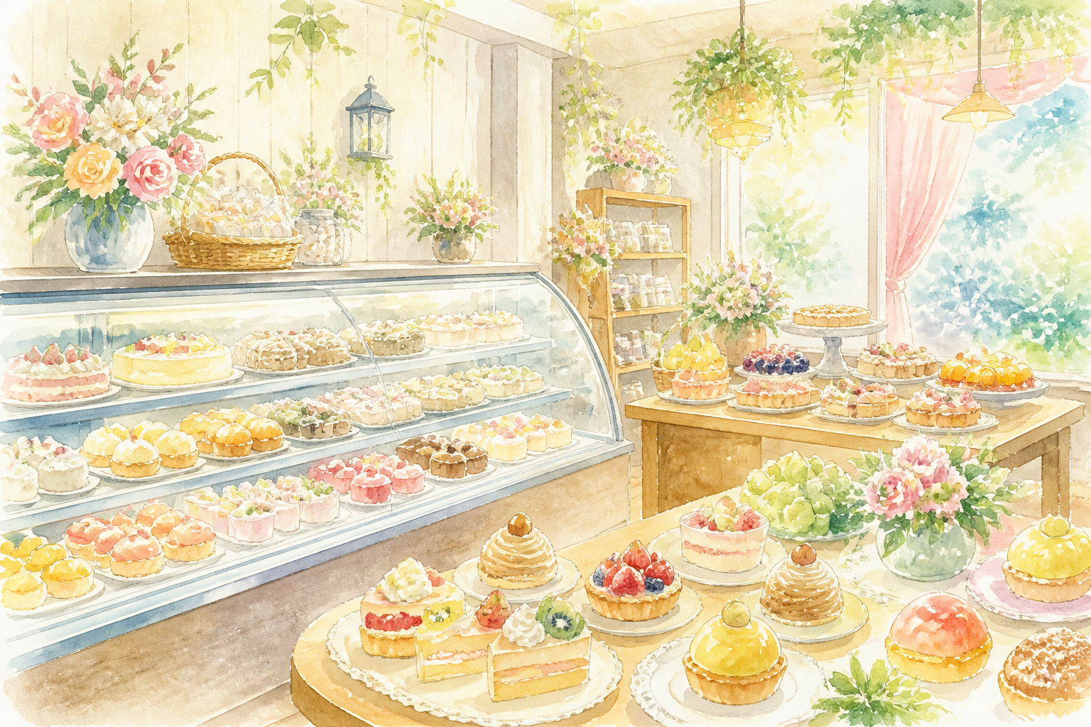 洋菓子店ショーケースのケーキと焼き菓子