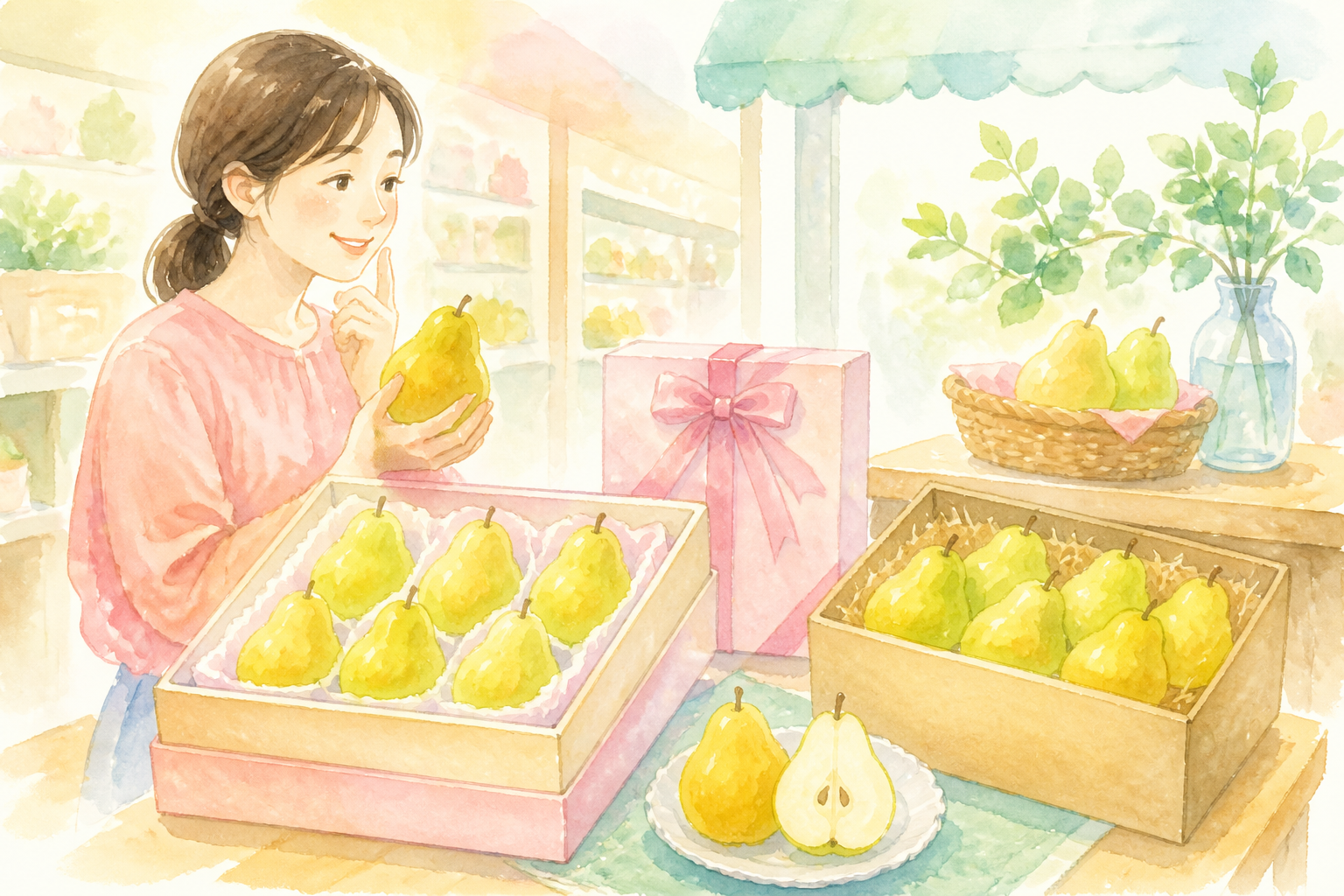 ルレクチェ、箱、値札、計量器、果物店
