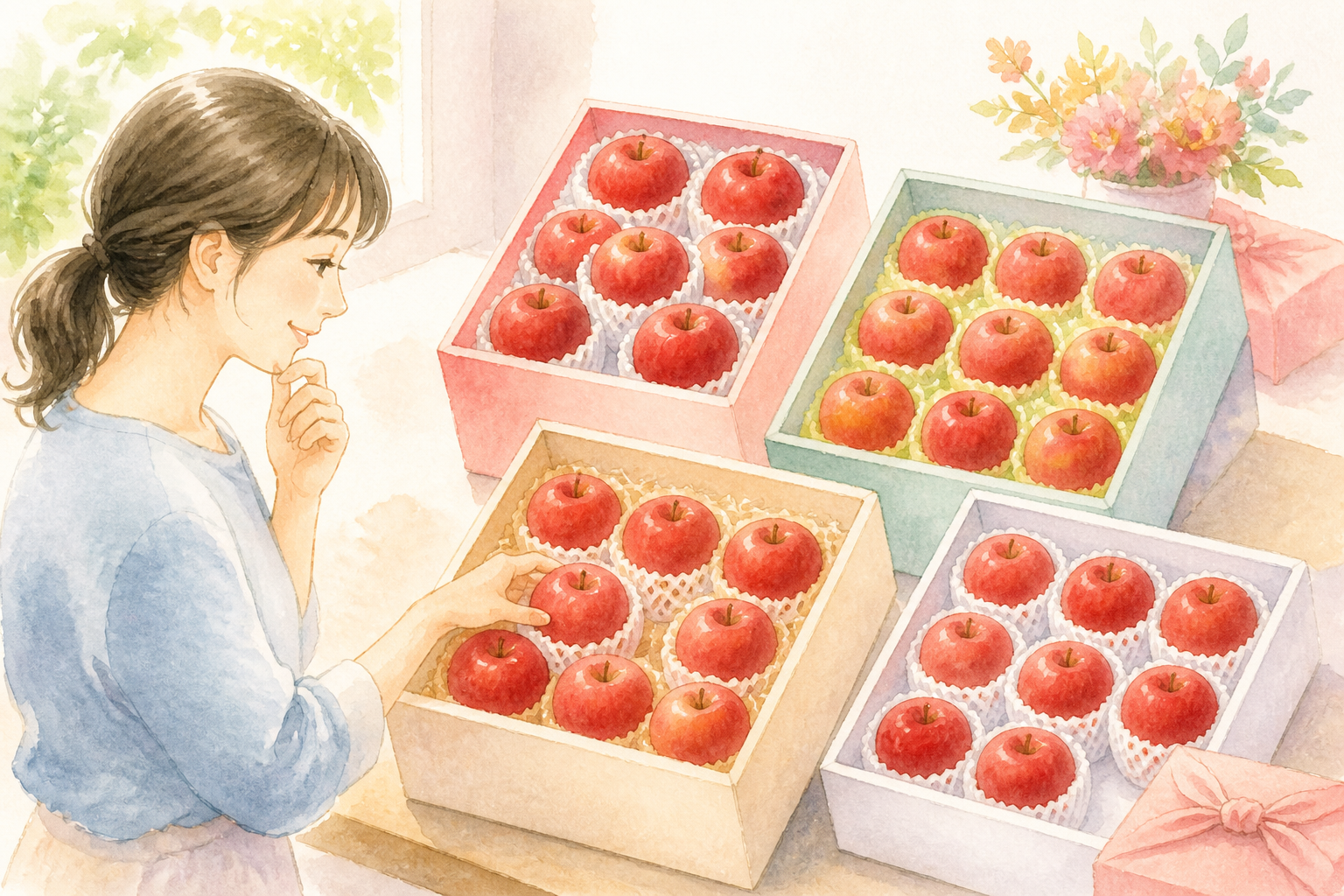 紅いわてりんごのギフトボックスとリボン