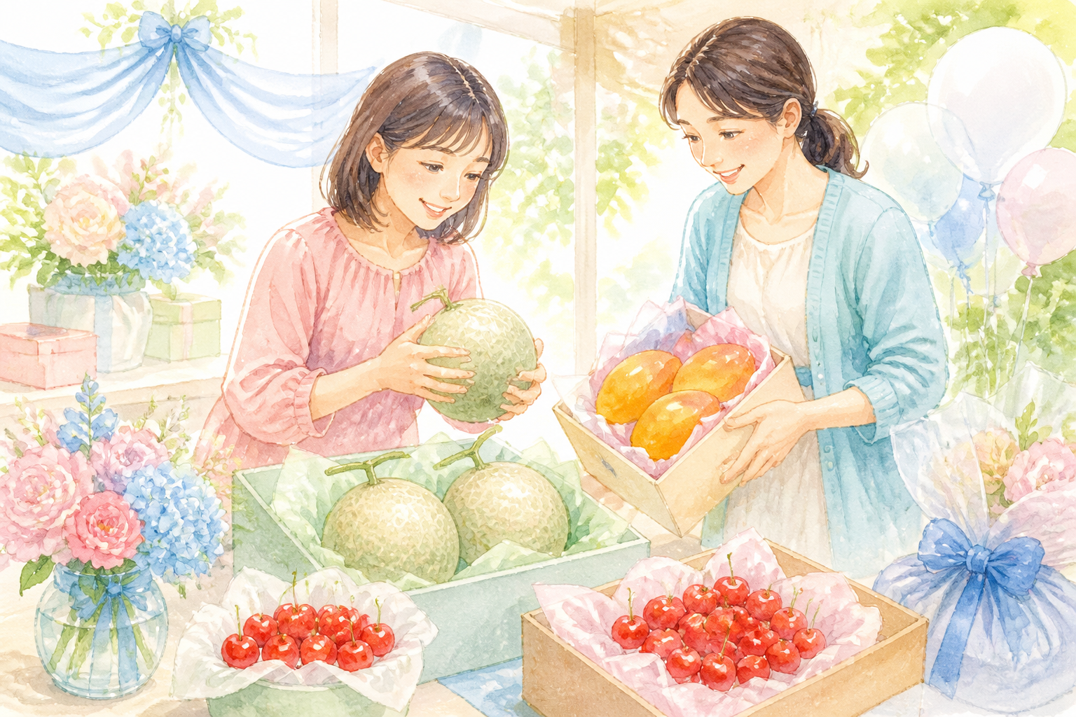 ギフト用さくらんぼメロンマンゴーとフルーツバスケット