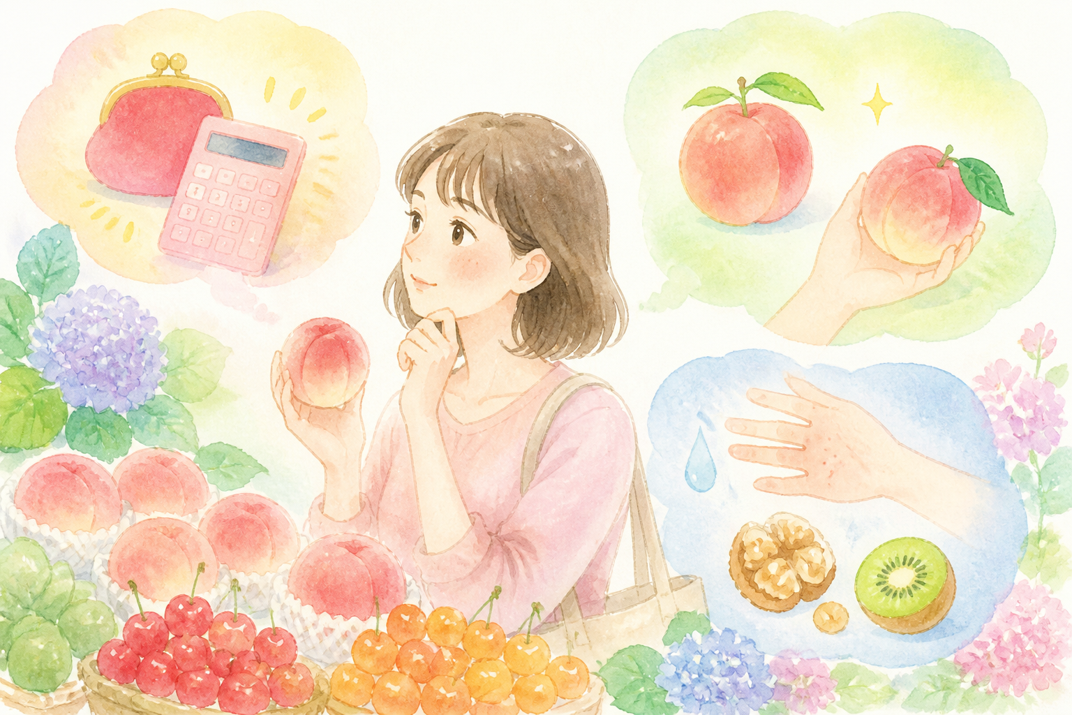 店頭に並ぶ旬の果物、メロン、キウイ、マンゴー