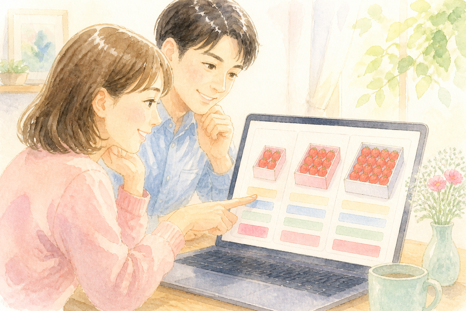 イチゴの箱、配送ラベル、電卓、クレジットカード、パソコン画面