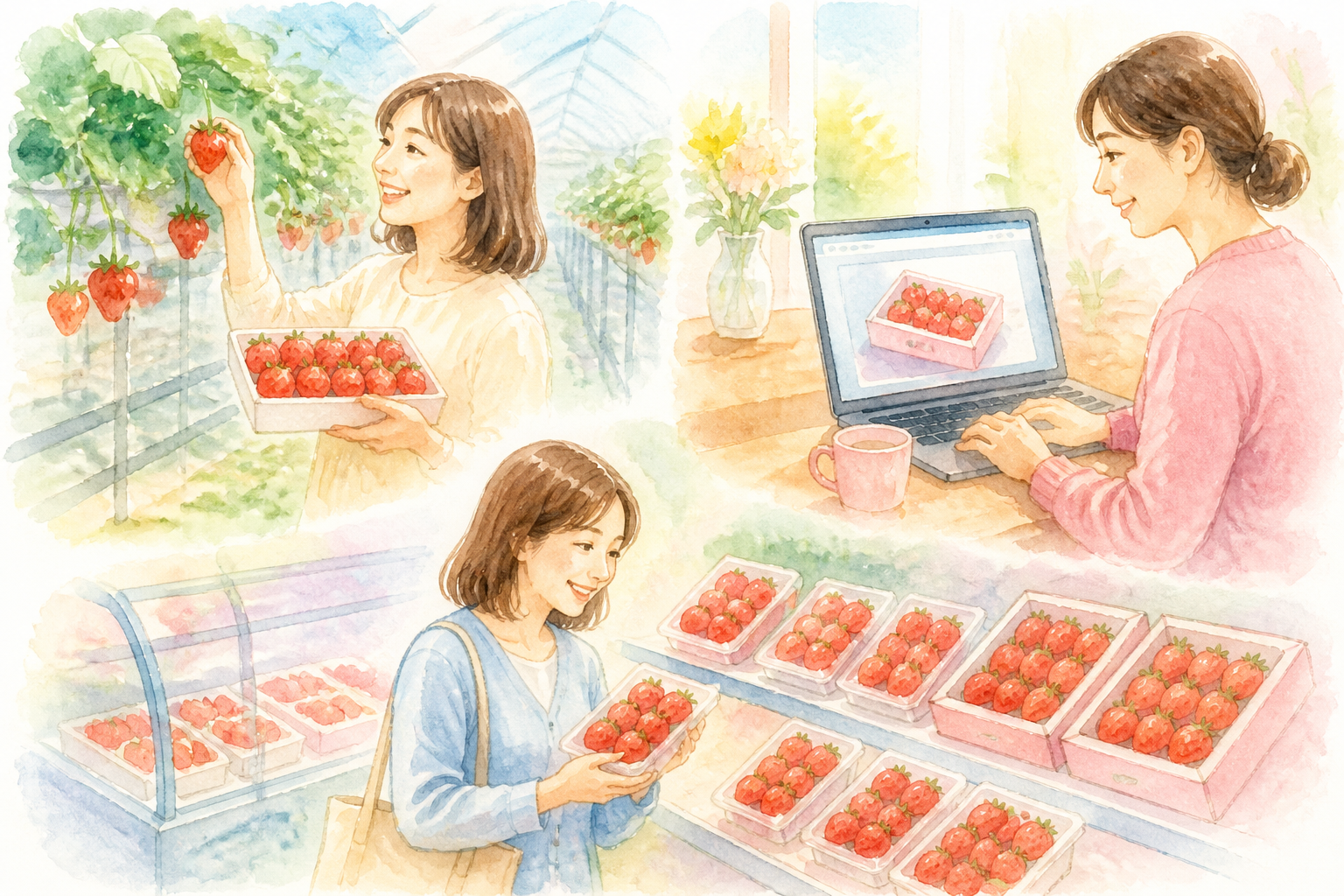 いちご農園、いちご畑、いちごの箱、いちごのパック、いちごのハウス