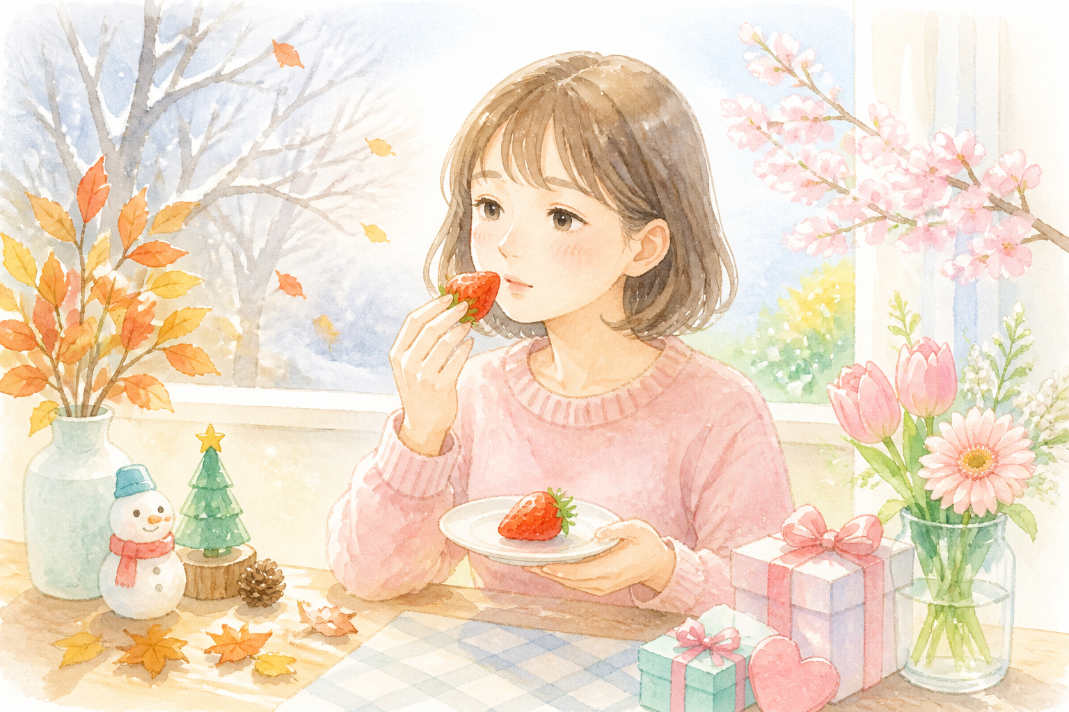 旬のいちご、バスケット、テーブル、窓辺