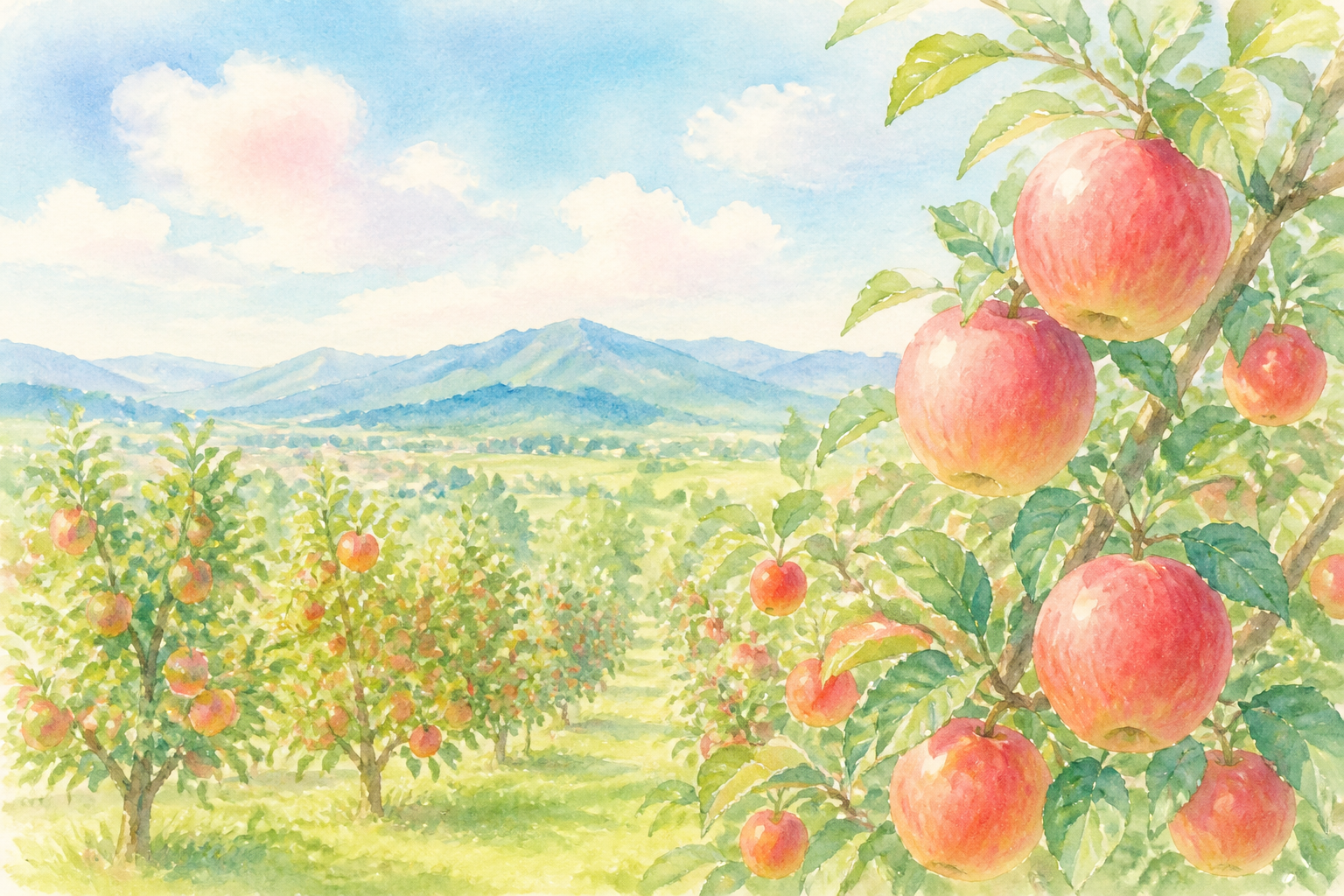 りんご農園、山、川、土壌、りんごの木、果実