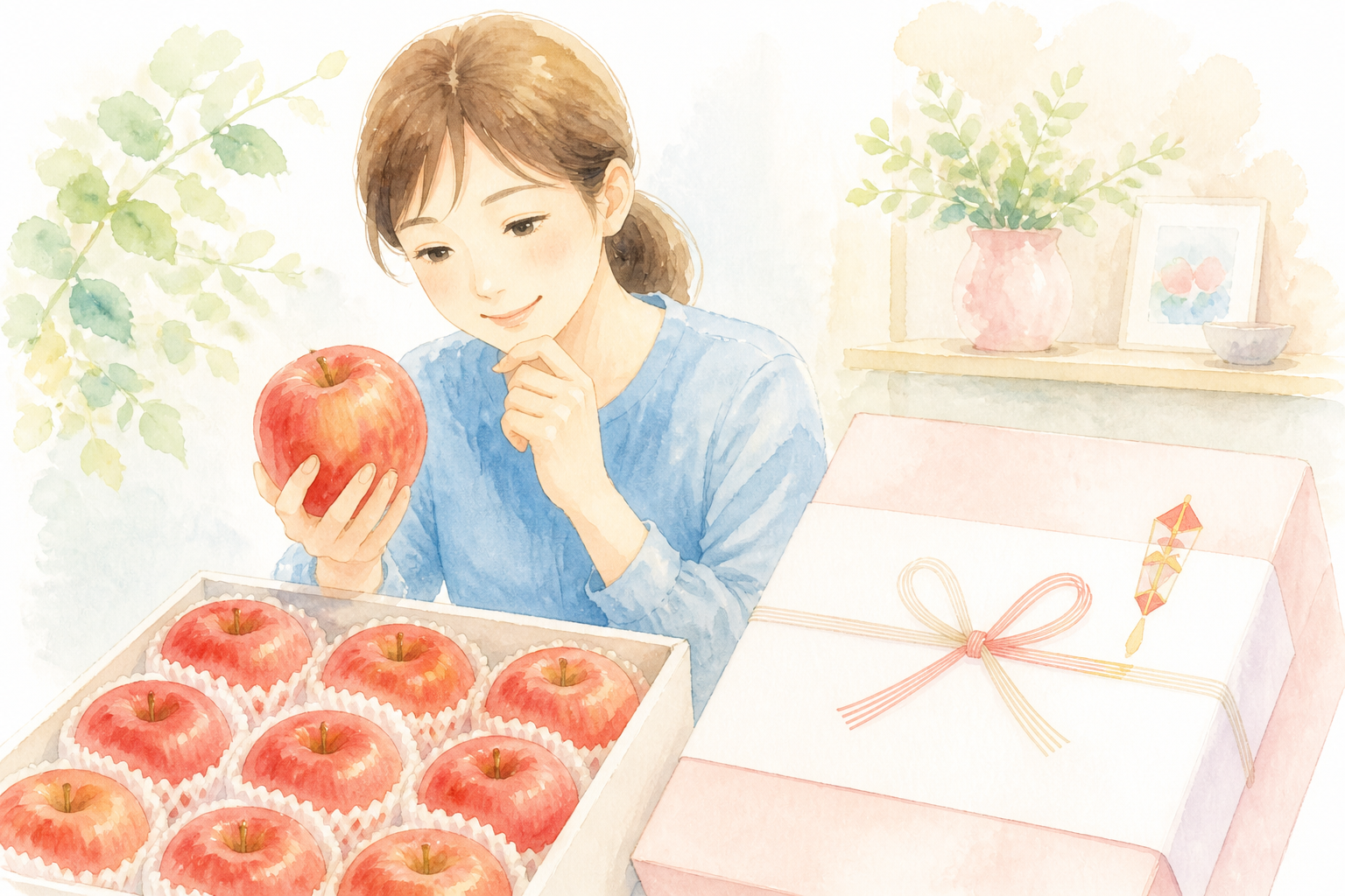 贈答用りんご、箱、リボン、包装
