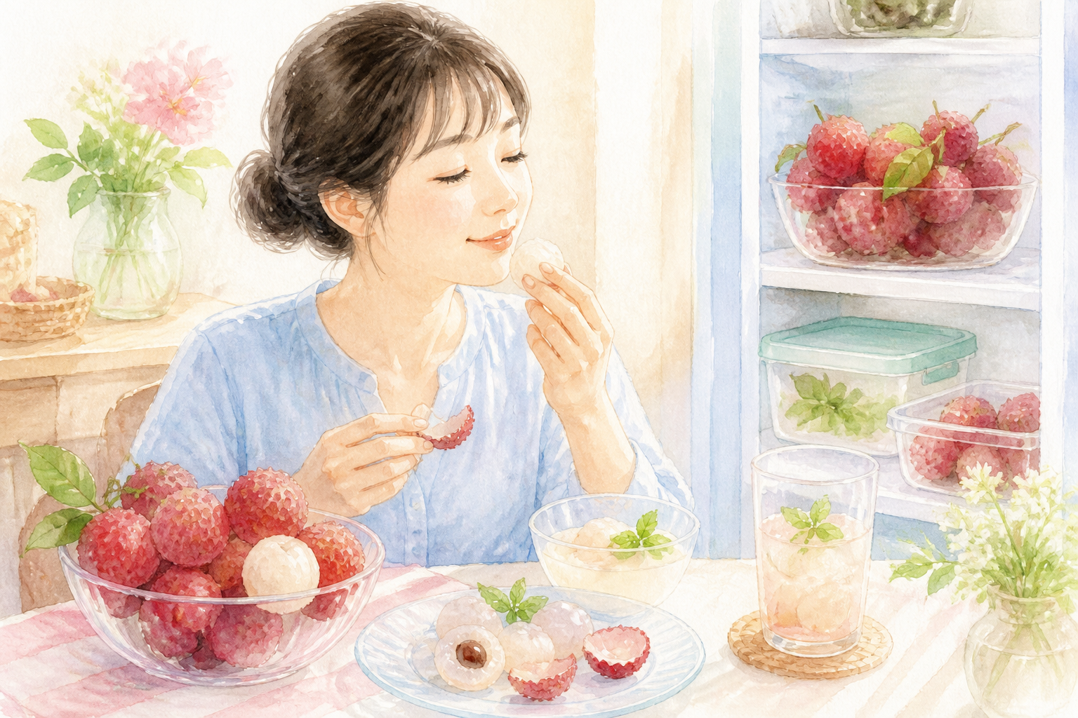 生ライチ、器、氷、スプーン、テーブル